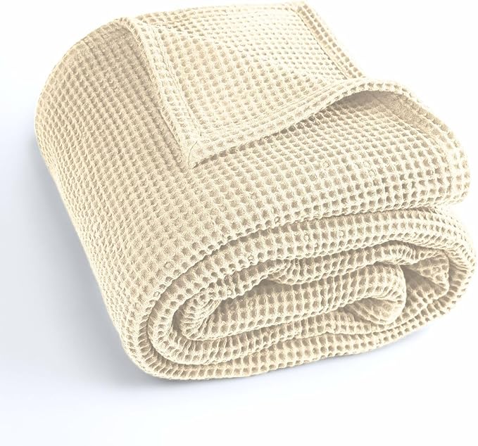 Organic Cotton Waffle Blanket Queen Size (90" x 90") Lightweight, Breathable and Soft, Luxurious Best Waffle Blanket for All-Season - Summer, Spring, Winter (Beige)