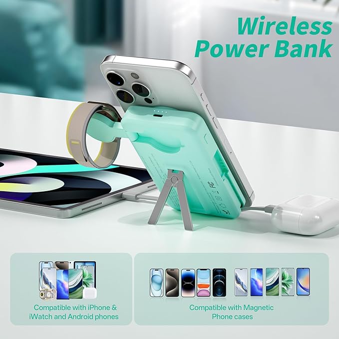 Magnetic Portable Charger Built-in Cables,10000mAh Fast Charging Wireless Charger Station External Battery Pack Slim Pocket Size Power Bank with Stand Compatible with iWatch, iPhone and Android Phones