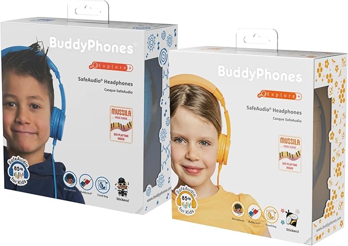 BuddyPhones Explore Plus | Foldable Kids Wired Headphones, Built-in Audio Sharing Cable with in-Line Mic - SafeAudio Volume-Limiting for Kindle, iPad, iPhone, or Android (Grey Matter)