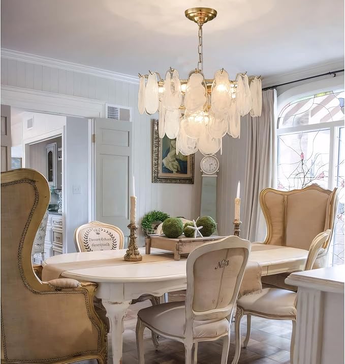 Gold Modern Chandelier 23in 9-Light Cloud Glass Pendant Light Mid Century Chandelier with White Shell Crystal Chandeliers for Bedroom Dining Room Living Room Kitchen Island Foyer