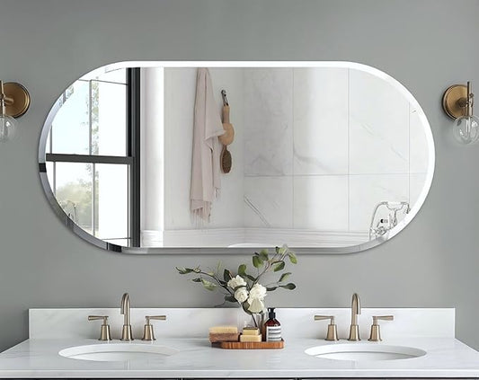 Frameless Oblong Wall Mirror: Decorative Oval Mirrored Glass Vanity with Beveled Silver Edge for Bathroom Bedroom Livingroom Dining Room Entryway Hallway, 50 x 24 inch