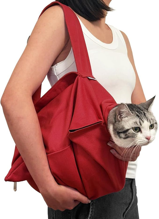Amkune [Cozy Travel] Cat Carrier Pouch, Soft Cat Carrier for Small Cats, Carrying Sack, Restraint Bag for Nail Trimming, Vet Visits, Giving Meds, Dental Care, Car Travel - Wine Red