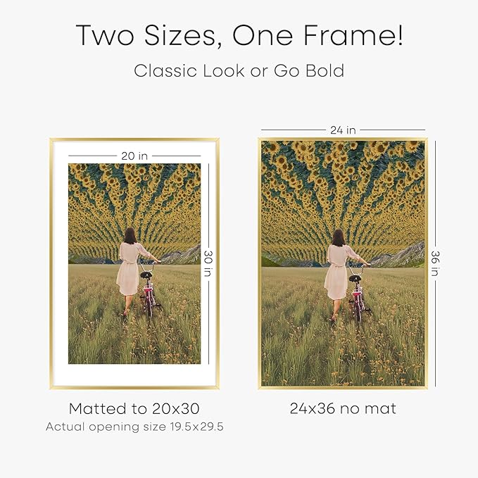 Homeforia 24x36 Gold Picture Frame, High End Metal 24 x 36 Large Poster Frames with Mat 20 by 30 inch Photo, 24x36 Gold Frame Matted to 20x30 for Print, 36x24 Frame, Tempered Glass, Wall Kit, Set of 2