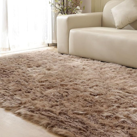 Beige Living Room Rugs 6x9 Area Rugs for Bedroom Nursery Kids Room Washable Faux Sheepskin Fluffy Fuzzy Fur Rug Home Décor