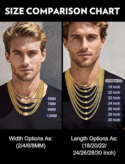 Bandmax Mens Stainless Steel Chain Necklaces 5/7/9/12MM Chunky Miami Cuban Link Chain Necklace Bracelet Silver/Gold Plated/Black Chains for Men 18"-30"