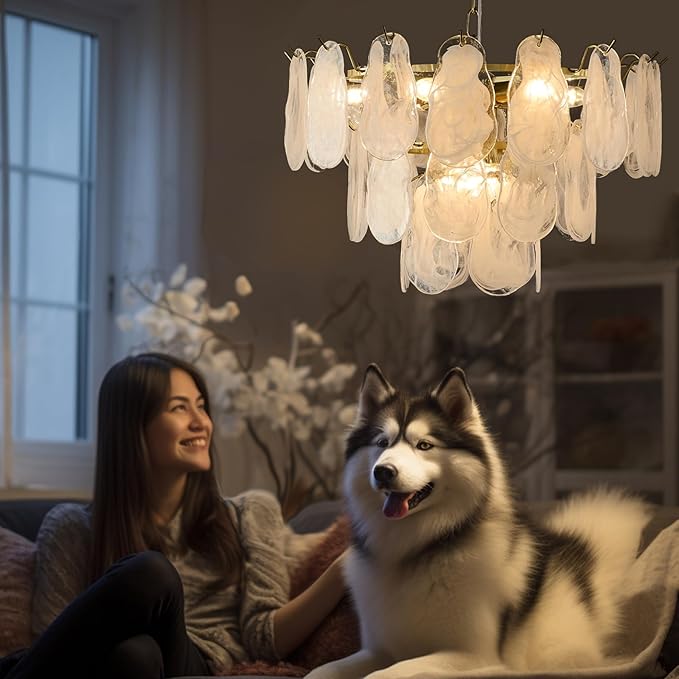 Gold Modern Chandelier 23in 9-Light Cloud Glass Pendant Light Mid Century Chandelier with White Shell Crystal Chandeliers for Bedroom Dining Room Living Room Kitchen Island Foyer