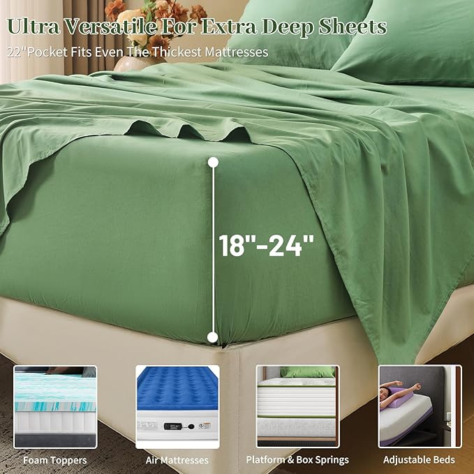MEISHANG 100% French Pure Linen Sheets California King Size - Extra Deep Pocket Sheet Set, Soft Durable Flax Linen, Anti-Tear Breathable & Oeko-Tex Certified 18-24 Deep Pocket,All Season(Sage Green)