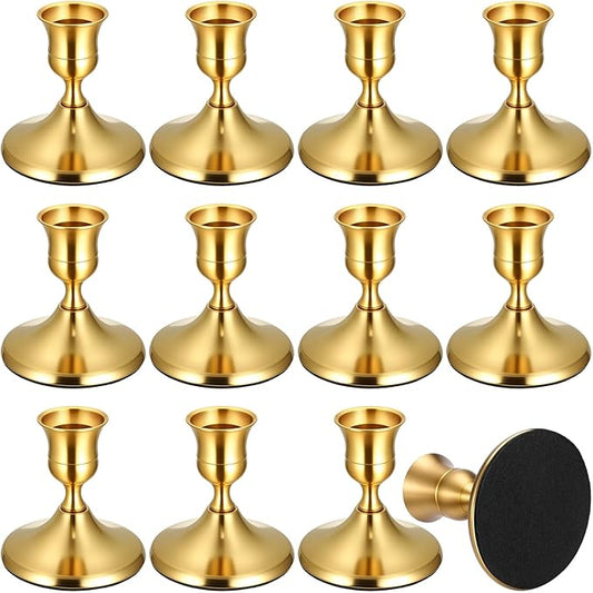 12PCS Brass Gold Taper Candle Holders Set, Vintage Metal Candlestick Holders for Table Centerpiece, Wedding Reception, Festive Christmas Mantel Decoration or Home Decor