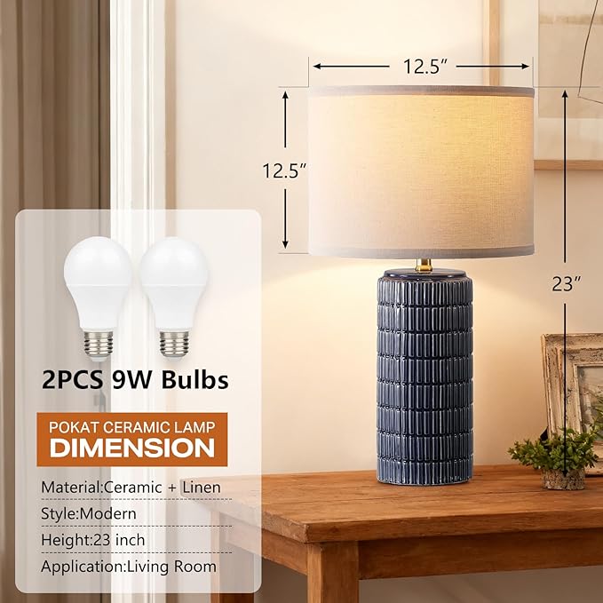 Modern Ceramic Table Lamp Set of 2, Bedside Lamp for Bedroom Decor, Nightstand Lamp with 3 Color Temperatures, Desk Light for Living Room Dorm Office, Blue