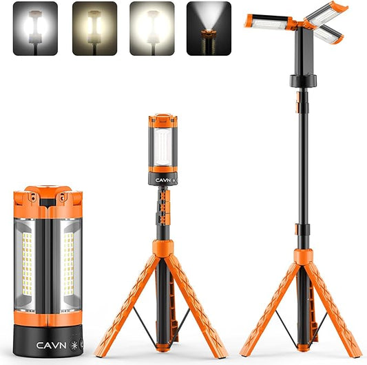 CAVN Rechargeable Camping Lights with Stand 6.5 ft Max Height, Portable Cordless LED Work Light 2200 Lumens 6500/4500/3500K Dimmable Camping Essentials Gear with Detachable Tripod, Orange