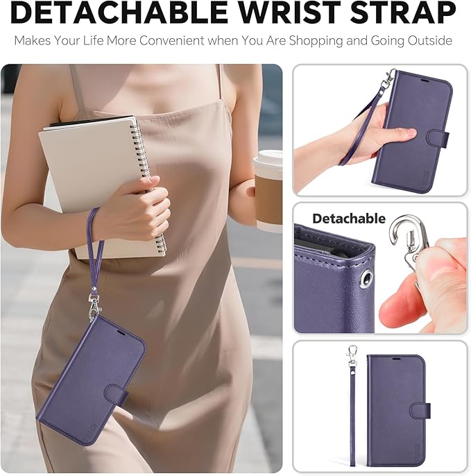 TUCCH 2-in-1 Removable Wallet Case for iPhone 17 (6.3-inch) 2025, Wireless Charging | RFID Blocking 4 Card Holders | Wrist Strap | Kickstand | Magnetic | PU Leather Protective Cover | Deep Purple