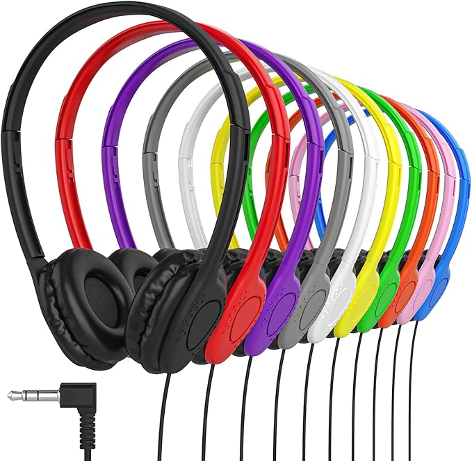 Maeline Bulk Classroom Student Headphones On Ear Stereo Headphones Adjustable Band & Faux Leather Cushions for Kids Online Learning, Library, School, Travel - 3.5mm Plug - 20 Pack - Multi Colors