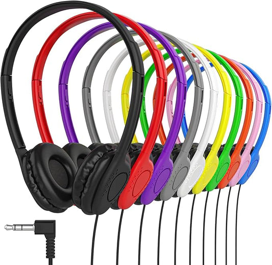 Maeline Bulk Classroom Student Headphones On Ear Stereo Headphones Adjustable Band & Faux Leather Cushions for Kids Online Learning, Library, School, Travel - 3.5mm Plug - 100 Pack - Multi Colors