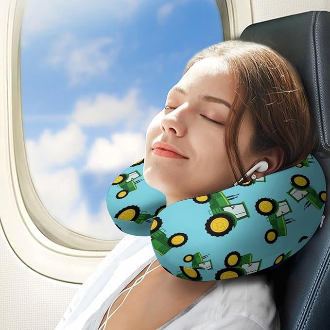 Breathable U-Shaped Neck Pillow Memory Foam Travel, Green Toy Tractors U-Shape, Machine Washable Support Home Office