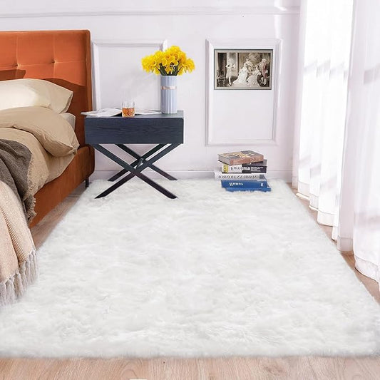 White Fluffy 5x7 Washable Area Rugs for Bedroom Faux Fuzzy Sheepskin Fur Rug for Living Room Nursery Rug