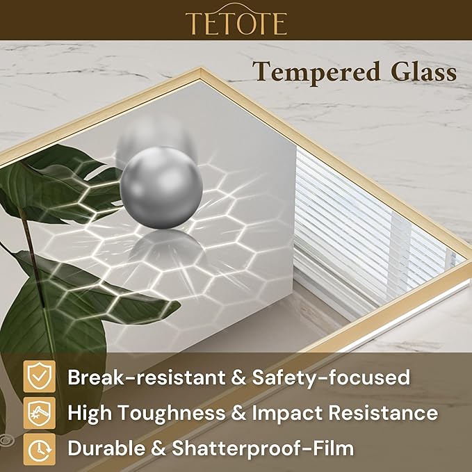 TETOTE 40 x 30 Backlit Bathroom Mirror Brushed Gold Metal Frame LED Light Vanity 3-Color White/Warm/Natural Stepless Dimmable Anti-Fog Backlight Mirror Wall-Mounted