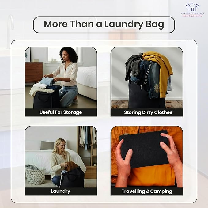 LFH Home Large Premium Cotton Canvas Laundry Bag with Drawstring and Handles Heavy Duty, Multi-Use, and Washable for Home, Travel, College or Storage 28x36 (Pack of 4)-Black