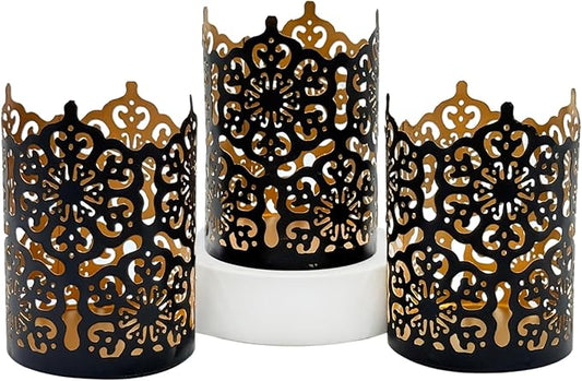 Hosley Set of 3 Black Finish Metal Candle Holders 4 Inch High Lattice Cut Lanterns for Coordinated Elegance and Enchanting Illumination Elevate Your Decor