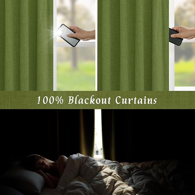 LAMIT Full Blackout Linen Curtains for Bedroom, 54 Inches Thermal Window Drapes Back Tab and Rod Pocket Privacy Protected Burlap Panels with White Liner, 2 Panels, 38 x 54 Inch, Olive Green