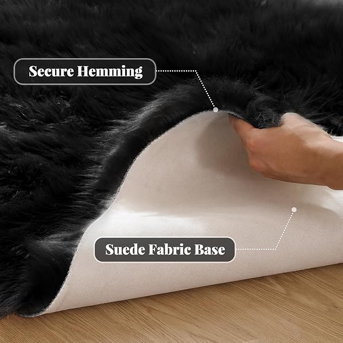 Black Fuzzy Living Room Washable Area Rugs for Bedroom Shag Circle Faux Sheepskin Furry Fur Round Rug 5ft Nursery Rug