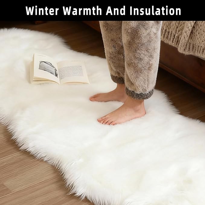White Faux Fur Sheepskin Area Rug for Living Room Bedroom, 6 x 6 Feet Ultra Soft Shaggy Fuzzy Furry Carpet Chair Throw Large Rugs for Kids, Girls, Nursery Room Decor Dorms