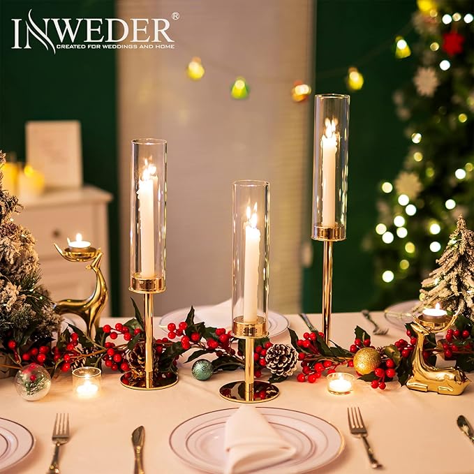 Gold Candle Holders for Candlesticks - Taper Candle Holders with Removable Glass, Tall Brass Candlestick Holders, Candle Stand Candle Sticks Long Holder for Table Centerpiece, Wedding, 30Pcs