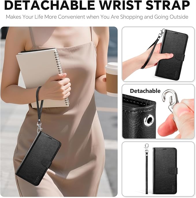 TUCCH Detachable Case Wallet for iPhone 17 Pro Max (6.9") 2025, Removable Wrist Strap, Wireless Charging, Stand, 4 Card Slots RFID Blocking, 2-in-1 Magnetic, PU Leather Flip Cover, Textured Black