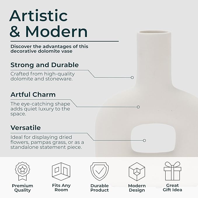 Sagebrook Home Modern Stoneware Vase - Decorative Dolomite Flower Holder - Minimalist Home & Office Accent - Stylish Tabletop Centerpiece for Living Room, Bedroom & Desk Decor - 8" White