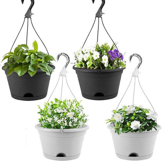 4 Pack Hanging Planters, 10 Inch Plant Pots with Hanger Chain & Drainage Trays, Hanging Baskets for Plants Outdoor Indoor, Flowers Pots for Home, Garden, Porch Decor (2 Grey + 2 Black)