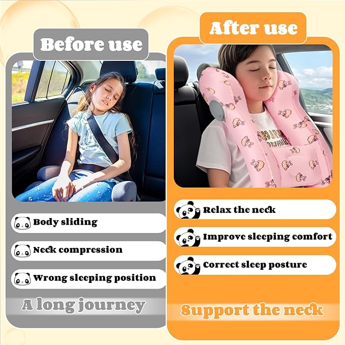 Inflatable Travel Neck Pillow for Kids, Quick Inflate, Portable Cartoon Kids Travel Pillow for Boys & Girls, Comfortable Neck Pillow for Sleeping in Planes, Cars, Trains – Fits Ages 6+ & Under 165 lbs