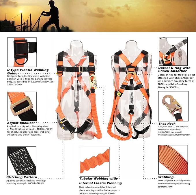 WELKFORDER 2-PACK 1D-Ring Industrial Fall Protection Safety Harness with 6-Foot Shock Absorber Stretchable Lanyard | Permanent attached Kit | ANSI Compliant Personal Fall Arrest System(PFAS)