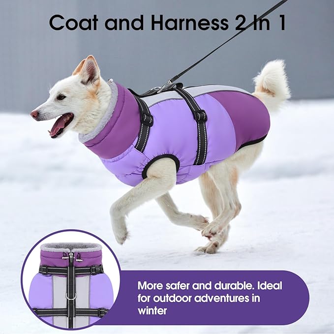 SUNFURA Dog Winter Coat, Warm Dog Coat with Harness for Medium Dogs Boys Girls, Reflective Fleece Lined Pet Winter Jacket Snowsuit for Pug, Jack Russel, Schnauzer, Purple M