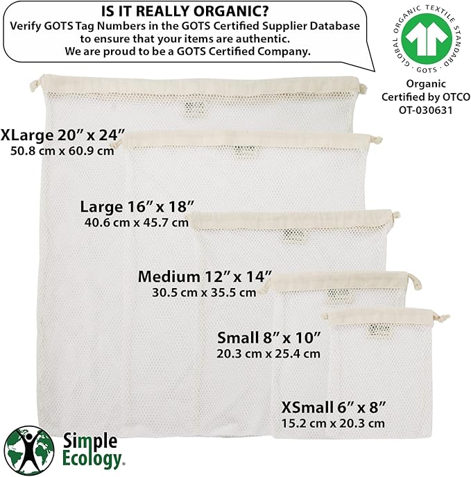 Simple Ecology Organic Cotton Mesh Laundry Bag; Machine Washing Bags for Delicates, Lingerie and Garments, Large 2 pack