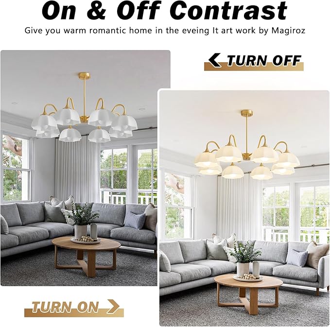 8 Lights Gold Sputnik Chandelier Light Fixture Large Mid Century Large Milk Glass Sputnik Pendant Lights Kitchen Island Modern Farmhouse Semi Flush Mount Chandelier Hanging Lamp MPL13-8 GD
