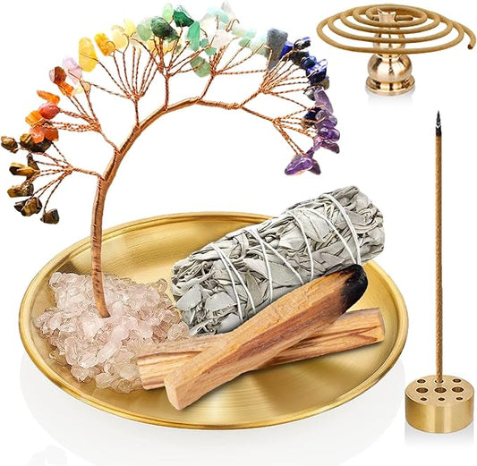 Crystal Tree Palo Santo Holder, 7 Chakra Incense Holder, Brass Incense Holder 5.5 inches, 6 in 1 Ash Catcher for Incense Sticks/Coil Incense/Sage/Incense Cones Yoga Meditation Room Home Décor