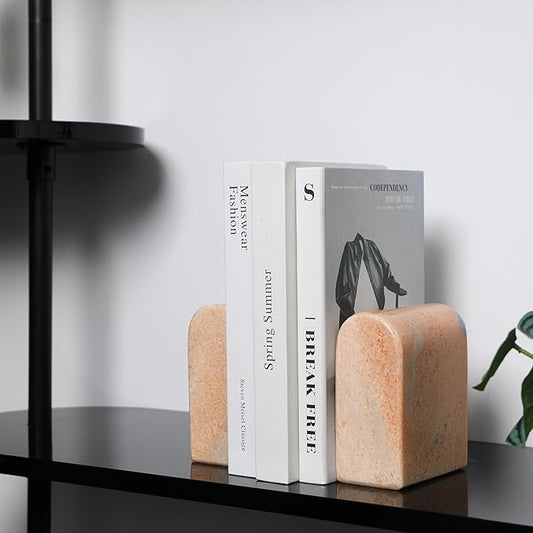 Luxury Marble Bookends for Shelves, 13LB Heavy Duty Marble Book Ends for Heavy Books, Stone Bookends Decorative, Polished, Orange Arch, Set of 2