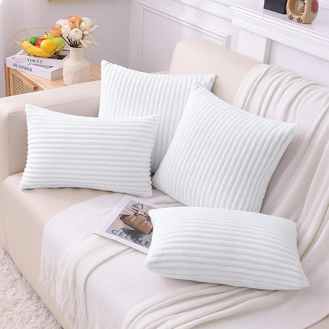 Simmore Decorative Spring Throw Pillow Covers 12x20 Set of 2, Soft Natural Plush Flannel Double-Sided Fluffy Lumbar Pillow Covers for Couch Sofa Living Room, White