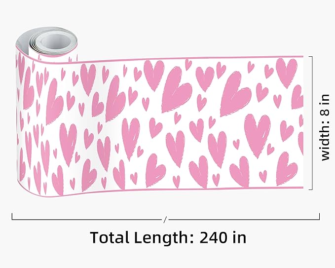 FLFK Pink Heart Wallpaper Border - Peel and Stick Wall Paper, Self Adhesive Removable PVC Borders Sticker, Modern Waterproof Trim for Home Decor, 8" x 240"