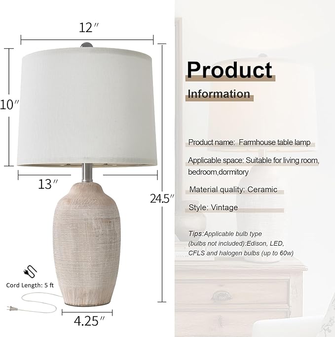 24 inch Vintage Ceramic Table Lamp - Single Farmhouse Rustic Bedside Lamp with Natural Textured Finish, Nightstand Lamps for Living Room, Bedroom, End Table Beige