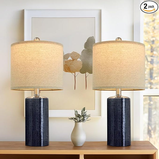 20.25" Small Table Lamps Set of 2 Modern Ceramic Lamps for Living Room Farmhouse Bedside Lamps Boho for Night Stands Bedroom Lamps Side Table Lamps End Table Lamps, Blue