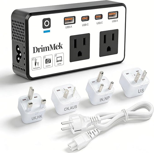 200W Voltage Converter US to Europe, Step Down Travel Power Adapter with 4 USB Ports, 2 AC Outlets for Curling Iron Hair Straightener Laptop, EU UK AU Plug, for Cruise Ship Travel