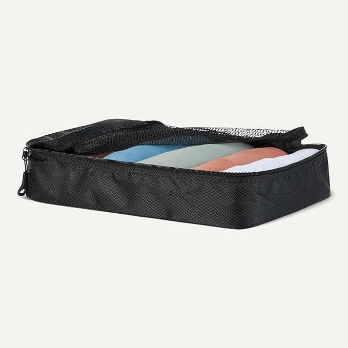Amazon Essentials 4-Piece Packing Cubes Travel Accessories Set, Luggage Organizer with Double Zipper, Mesh Top, 100% Polyester, Medium, Black (Previously Amazon Basics)