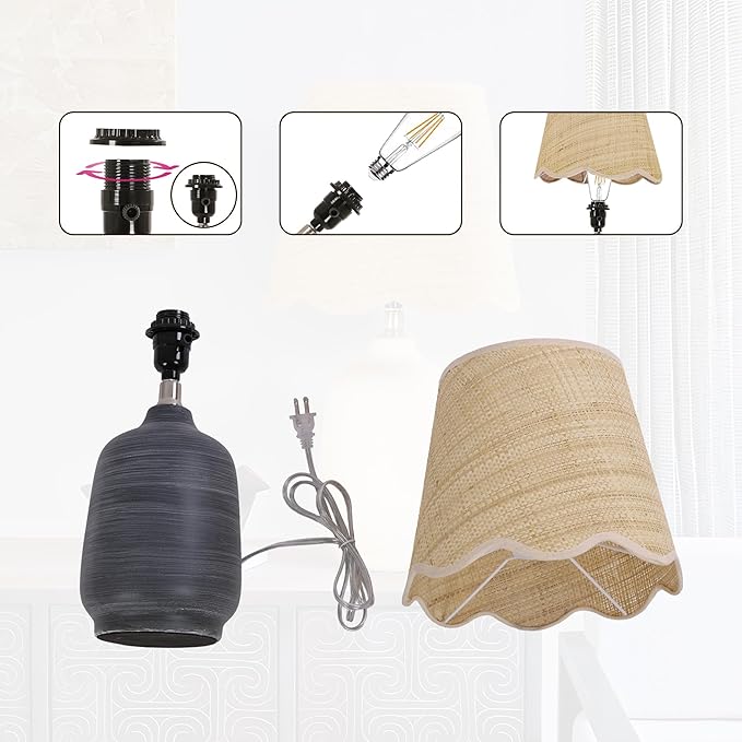 Pia Ricco 19" Modern Ceramic Table Lamp for Living Room Cream Base Desk Lamps for Bedroom Farmhouse Bedside Nightstand Lamp End Table Lamps,White Striped Black Base,Rattan Shade