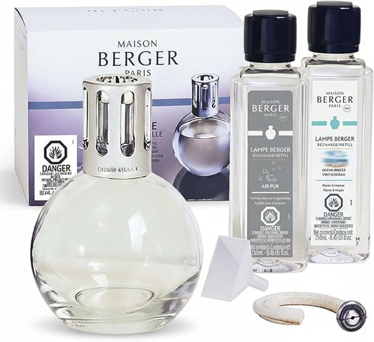 MAISON BERGER Set – Lampe Berger Starter Round Fragrance Diffuser with Ocean Breeze & So Neutral Refills – 2 x 250 milliliters (8.45 Fl Oz) – Elegant Home Air Purifier – Made in France