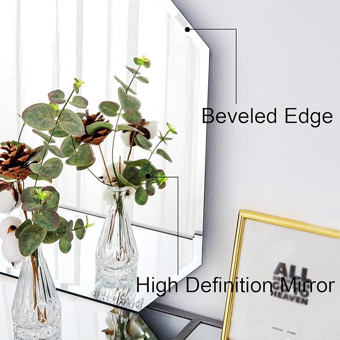 Chende 2PCS Large Bathroom Wall Mirror, 24" x 36" Modern Frameless Beveled Mirror with Beveled Edge, Octagonal, Unique Design, Vertical/Horizontal Hanging