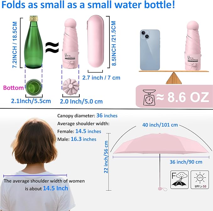 BAODINI Travel Mini Umbrella for Purse With Case Small Compact UV Sun Protection Sun Lightweight Tiny Pocket Manual Open Close Umbrella for Women Kids and Men