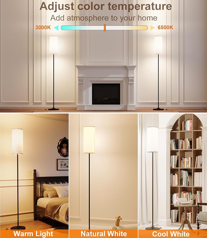luckystyle Dimmable Floor Standing Tall Lamp, 12W Led Bulb with Lampshade, Foot Switch, Remote Custom Color Temperature Pole for Bedroom, Office, Kids & Living Room, Black