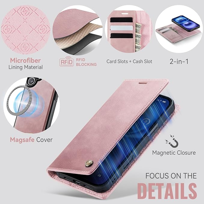 PlusnapX Wallet Case for iPhone 17 Compatible with Magsafe, 2-in-1 PU Leather Flip RFID Blocking Card Holder Stand Shockproof Magnetic Detachable Cover for iPhone 17 Case 6.3", Pink