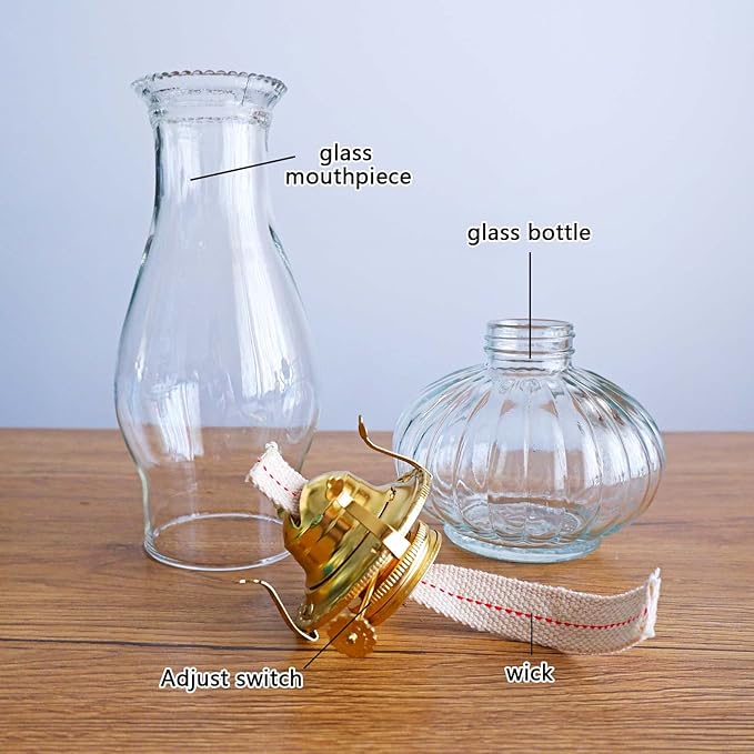 Large Oil Lamp for Indoor Use,Rustic Kerosene Lamp with 2 Pcs Wicks and 1 Tweezers,Glass Hurricane Lantern for Home Emergency Lighting (Clear)