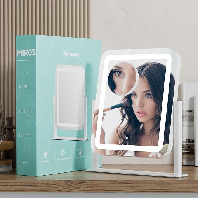 PRIMETEK Vanity Mirror with Lights, 16"x14" Large LED Lighted Makeup Mirror, Hollywood Makeup Mirror, Touch Screen, 3-Color Lighting, 5X Magnification, for Vanity Desk Tabletop, Bedroom, White